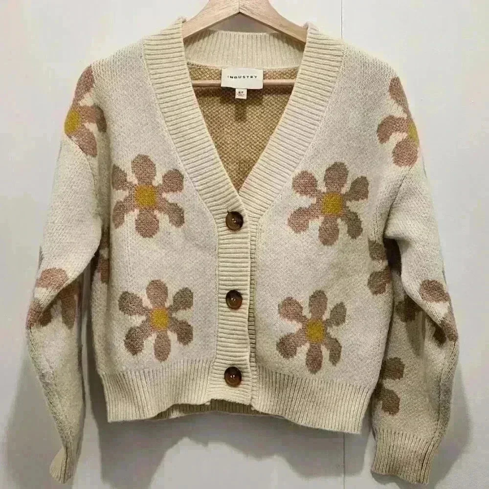 Industry Republic Retro Daisy Crop‎ Cardigan Sweater Cream and Tan Womens Size S